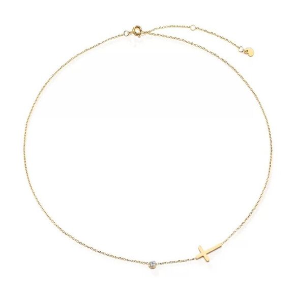 Gold Sideways Cross Necklace Cubic Zirconia Charm - Picture 5 of 6